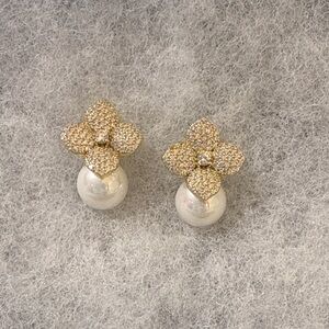 Gold Flower Earrings with Silver Pearl Accent